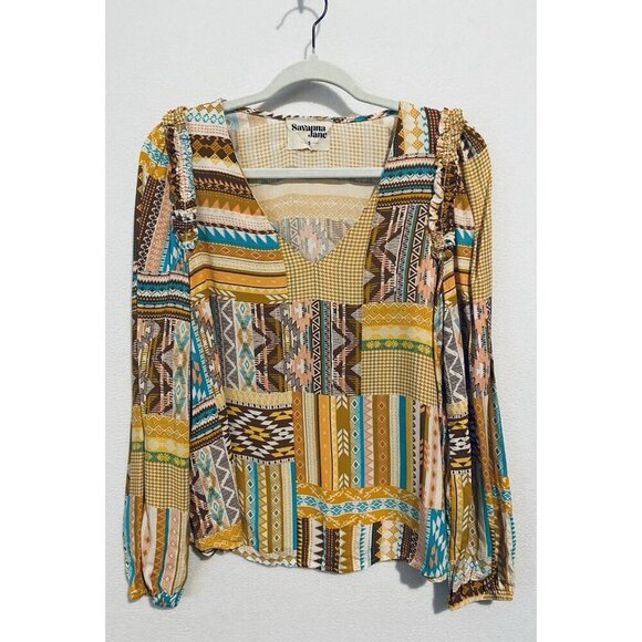 Savanna Jane Top Womens Small Patchwork V Neck Ruffle Western Boho Peasant - Picture 1 of 7
